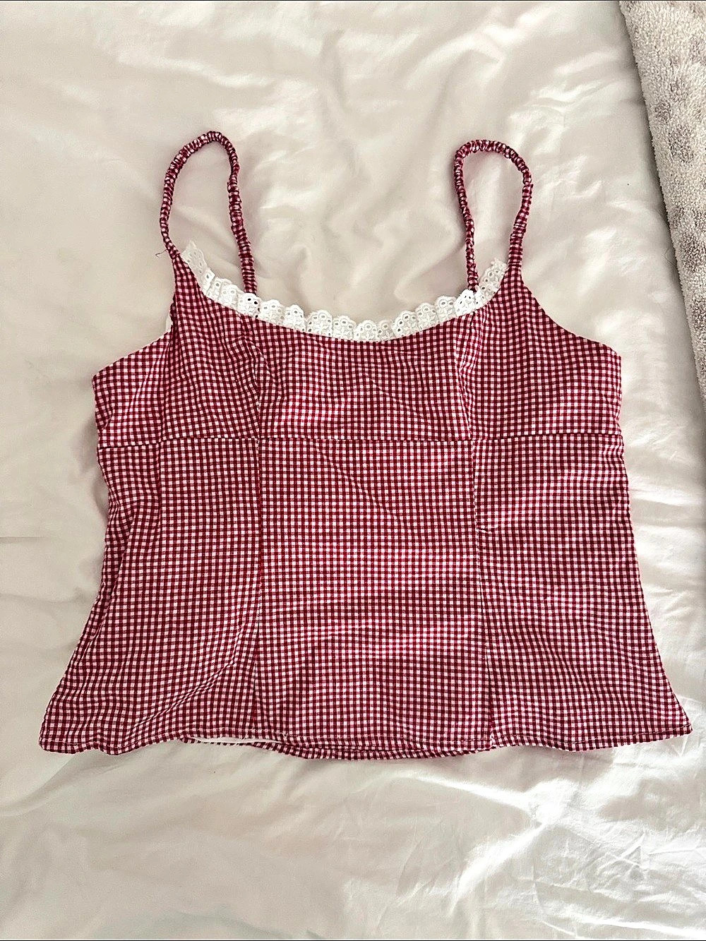 Gingham Lace Trim Camisole in Red & White Like New